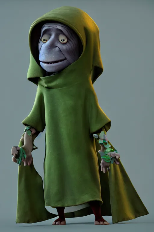 Prompt: A cute shaman from a Pixar movie with no nose, glowing eyes and a very long hooded dark green cloak of leaves by Julien Kaspar, 3D render, stylized, Cycles Render