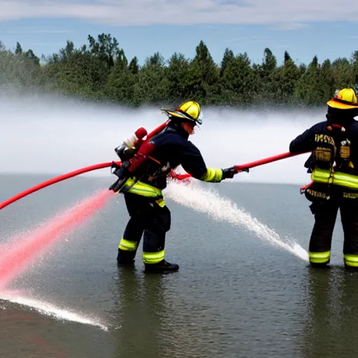 Prompt: Firefighters fighting a lake with a firehose that only shoots fire.