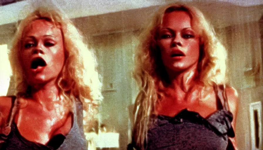 Image similar to 7 0 s film still from a horror movie starring pamela anderson, kodachrome, cinecolor, cinestill, film grain, film texture, retro, cinematic, high resolution, photorealism,