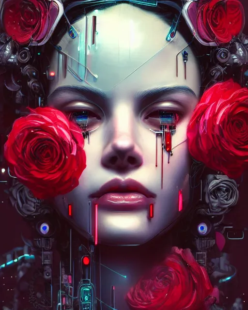 Image similar to portrait of a female face with roses instead of eyes, cyberpunk cyborg. roses, sci - fi, intricate abstract upper body intricate artwork, by tooth wu, wlop, beeple, dan mumford. concept art, octane render, deviantart, greg rutkowski, cinematic arthouse, key art, hyper realism, iridescent accents