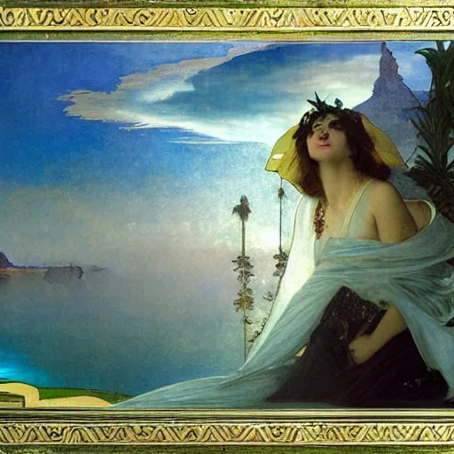 Image similar to The palace on the clouds, moon reflecting on the water, thunderstorm, greek pool, beach and Tropical vegetation on the background major arcana sky, by paul delaroche, alphonse mucha and arnold böcklin, hyperrealistic 8k, award-winning, very very very detailed