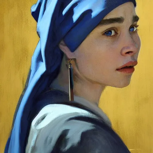 Prompt: greg manchess portrait painting of the boy with the pearl earring with the face of emilia clarke, medium shot, asymmetrical, profile picture, organic painting, sunny day, matte painting, bold shapes, hard edges, street art, trending on artstation, by huang guangjian and gil elvgren and gerald brom