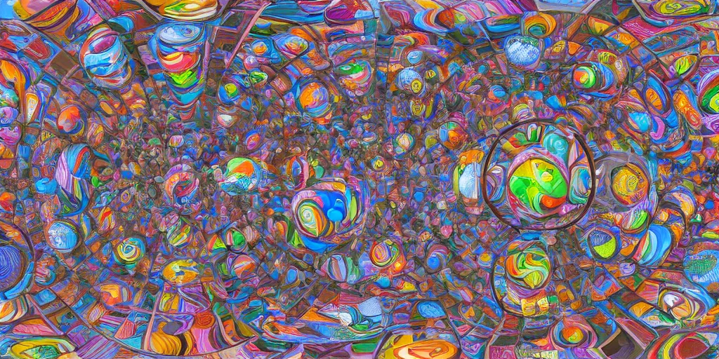 Image similar to 3 6 0 panorama escher style pattern of colorful balls, sculpture in the ancient greek style