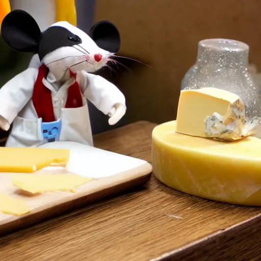 Prompt: professor mouse in his lab, with cheese vials lying around the tables