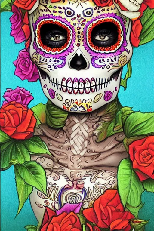 Prompt: Illustration of a sugar skull day of the dead girl, art by Alex Horley