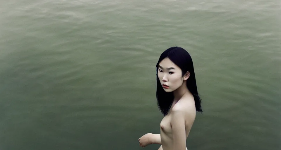 Image similar to medium closeup shot, flash long exposure photography of asian woman fashion posing in the lake, photograph by ren hang, digital illustration by ruan jia, sharp focus, high details