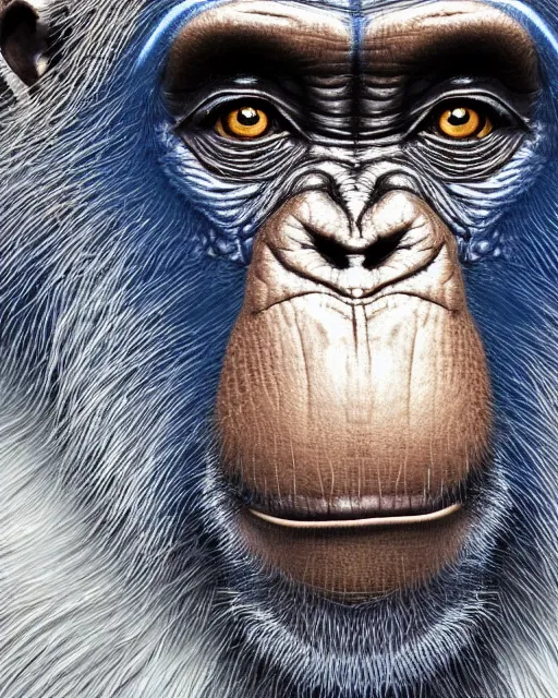 Prompt: gold, blue, very detailed high resolution illustration portrait of a chimpanzee glaring, mystical, 3 d, 8 k, extremely detailed, artstation