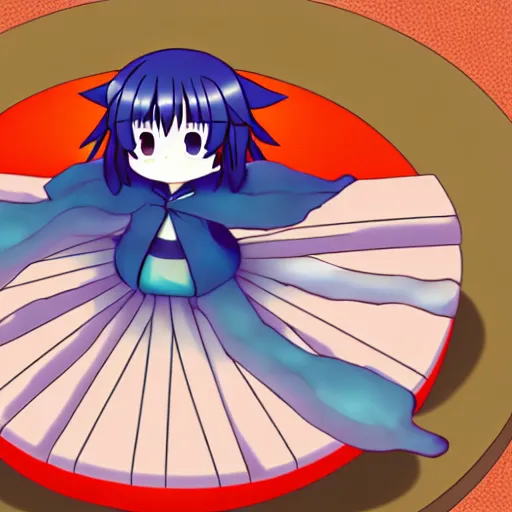 Image similar to cirno sitting on a giant sushi roll, digital art, 4K