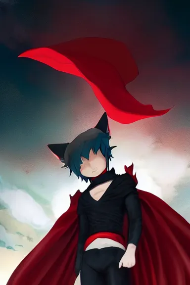 Image similar to little boy with cat ears in an black outfit with red cape. digital artwork made by lois van baarle and kentaro miura and marc simonetti, sharpness focus, inspired by hirohiko araki, anatomically correct, heroic composition, hero pose, smooth