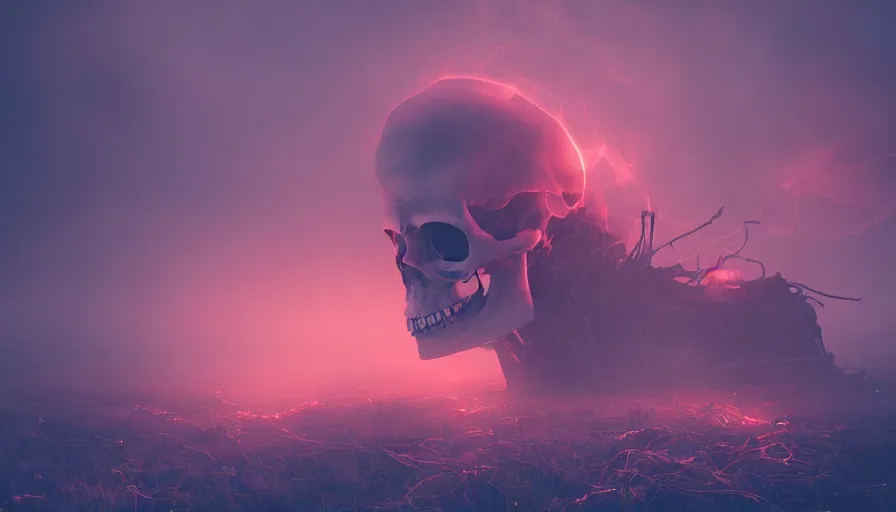 Image similar to Photorealistic Skull covered in thin red strings Surrounded by thick fog and puffy magical clouds that glow from lights in the distance, volumetric lighting, haze, atmosphere, magical lighting, digital art, wallpaper, octane, redshift, creepy, shallow depth of field