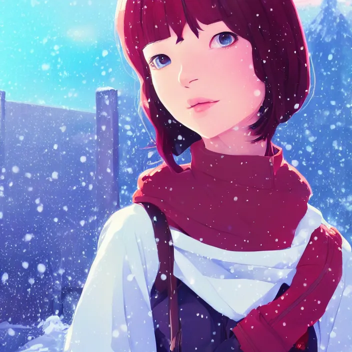 Image similar to portrait of a beautiful girl, snow landscape background, rich vivid colors, ambient lighting, dynamic lighting, 4 k, hq, official media, anime key visual, makoto shinkai, ilya kuvshinov, lois van baarle, rossdraws, detailed, trending on artstation