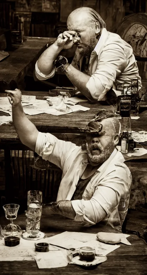 Image similar to man sitting alone at a large table, smoking a cigar and drinking whiskey with long hair and a dirty ripped white shirt, horror, gothic, lovecraftian, 4 k, realistic, high detail, gruesome