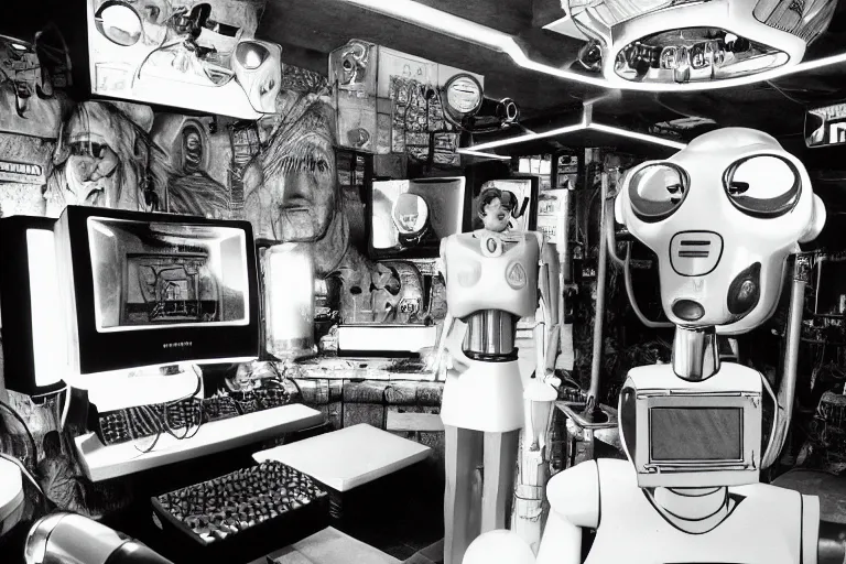 Image similar to robot staring at her reflection in a mirrored monolith, from 1977, in a tiki bar, volumetric lighting, surrounded by crt monitors, low-light photograph, in the style of jack bridgeland