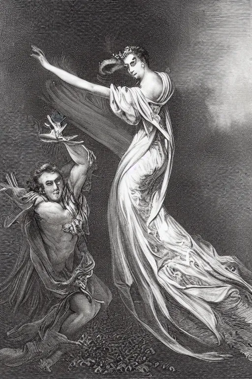 Image similar to A maiden dancing with the devil in the style of Gustave Dore