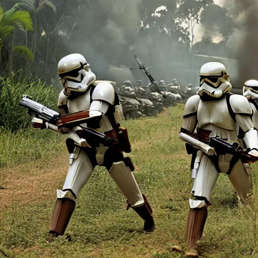 Image similar to star wars clone troopers combat soldiers in vietnam, photo, old picture, lush landscape, jungle, firearms, explosions, helicopters, aerial combat, active battle zone, flamethrower, air support, jedi, land mines, gunfire, violent, star destroyers, star wars lasers, sci - fi, jetpacks, agent orange, bomber planes, smoke, trench warfare