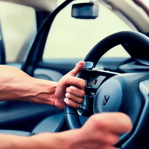 Prompt: extremely muscular and vascular hand gripping a steering wheel tightly, first person pov, detailed, 4 k