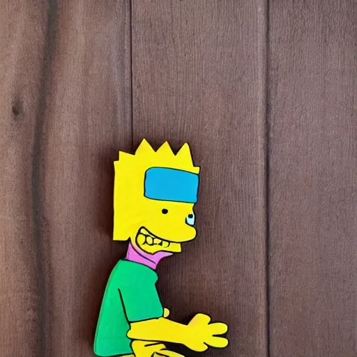 Prompt: wood sculpture of bart simpson, abstract, detailed texture, museum