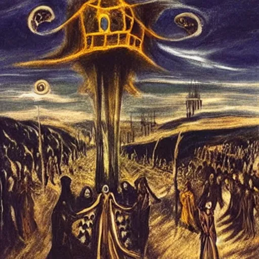 Prompt: A A Holy Week procession of souls in a Spanish landscape at night by El Greco, Remedios Varo y Salvador Dali.
