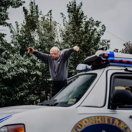 Image similar to an elderly man standing on the roof of a police car, canon eos r 3, f / 1. 4, iso 2 0 0, 1 / 1 6 0 s, 8 k, raw, unedited, symmetrical balance, wide angle