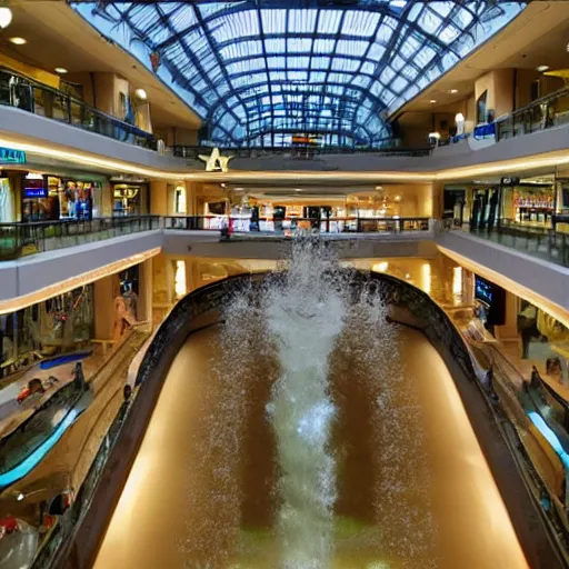 Image similar to photo of inside a shopping mall the inside is flooded with over 2 0 meters depth of water, highly detailed.