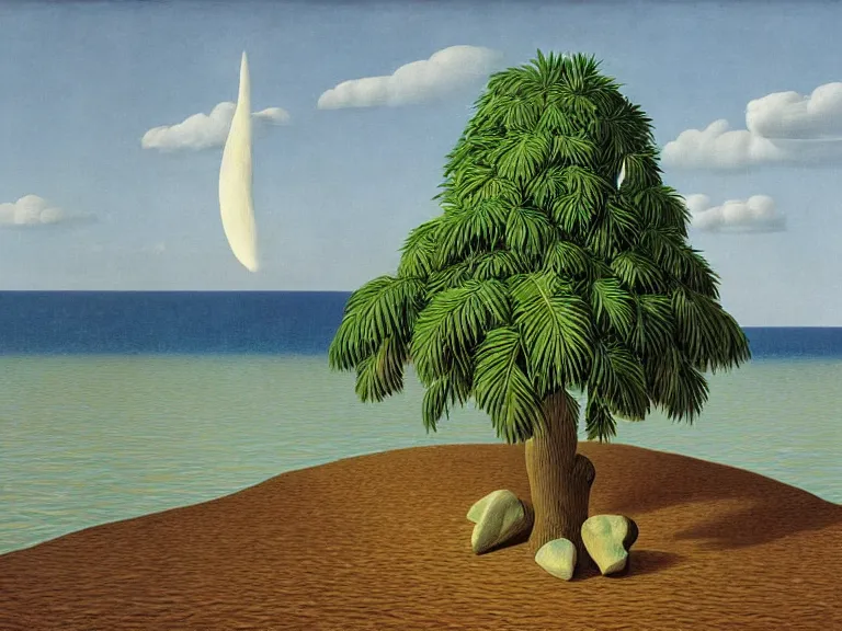 Image similar to lonely island with a palm tree in the middle of the sea painting by rene magritte, high detail, high resolution