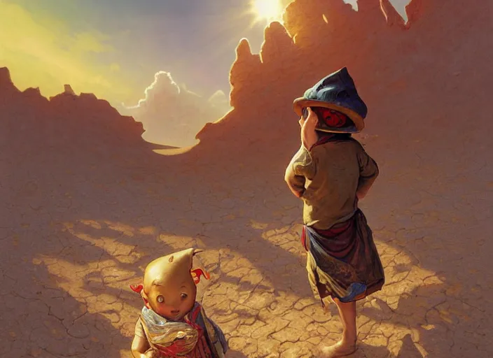 Prompt: a forgotten garden gnome surviving in a vast barren desert, hopeless wasteland background with a relentless raging sun overhead, hot, oppressive, an ultrafine detailed painting by stanley artgerm lau, greg rutkowski, thomas kindkade, alphonse mucha, loish, trending on deviantart, pop surrealism, whimsical, lowbrow, perfect symmetrical face