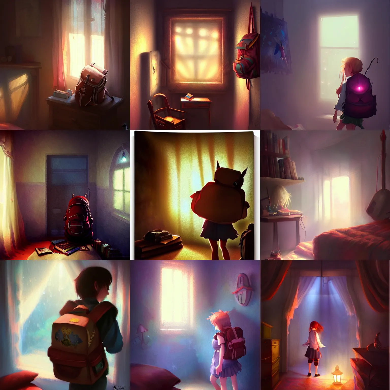 Prompt: a magical backpack in a teenager's room by krenz cushart, fantasy, dramatic light