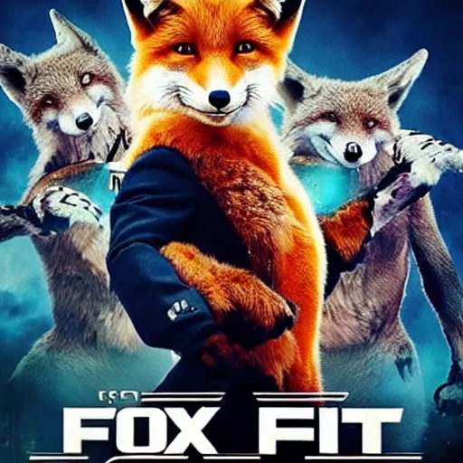 Image similar to hdr quality poster for an action movie called “ fox frigate ”, fearing cool looking anthropomorphic male fox in suit, stealing lots of fried chicken, promotional media