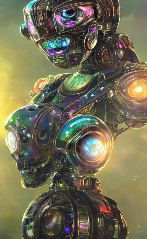 Prompt: upper half portrait of retro futuristic mech robot - embellished with vegetation and iridescent crystals, art by stanley artgem lau, highly detailed, digital painting, concept art, illustration, smooth sharp focus, intricate, symmetry, artstation, colourful,