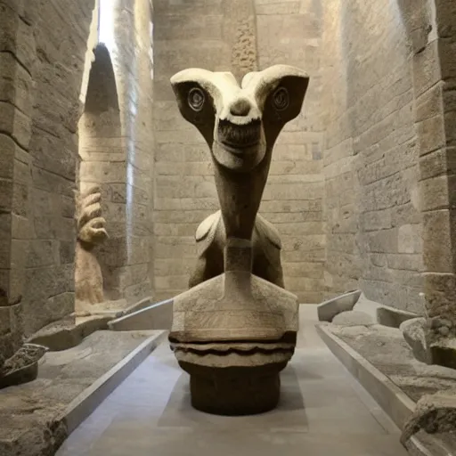 Prompt: ancient Irish, photo of stone carved statue of a dinosaur, romanesque style, in a museum room