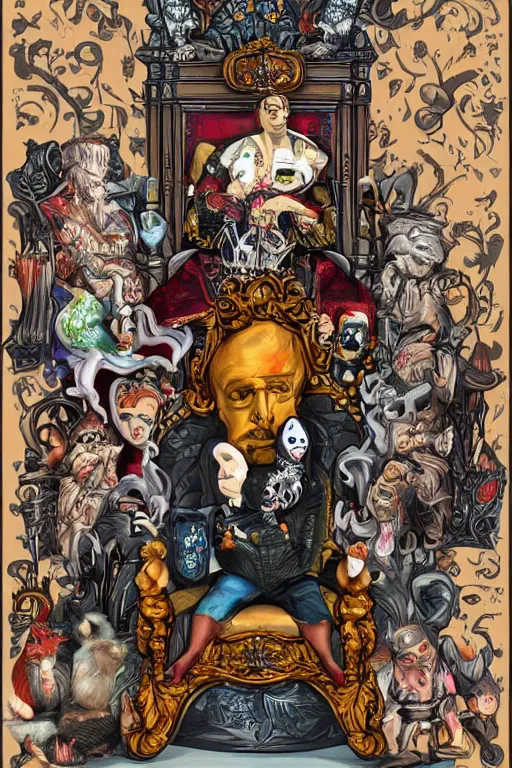 Prompt: a man sitting in a throne, surrounded by your alternative personalities in lowbrow art style