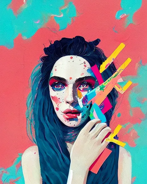 Prompt: an ultradetailed beautiful painting of a stylish woman with colorful band aids, concert poster, retro, conrad roset, greg rutkowski, flume cover art