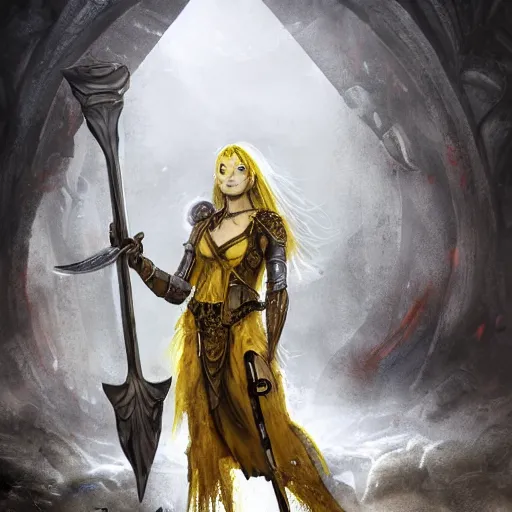 Image similar to Woman with yellow eyes wielding an axe inside a decaying ancient fantasy temple. She wears a rusty silver armor, trending on artstation, dark fantasy, concept art