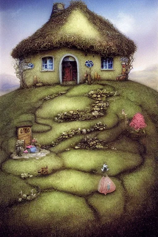 Prompt: beautiful matte painting of a cottage on a hill whimsical by brian froud and bridget bate tichenor