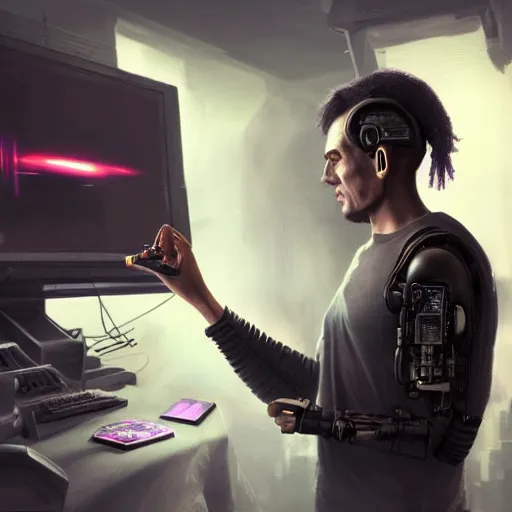 Prompt: a matte painting of a cyborg touching a computer screen, cyberpunk, surrounded by smoke, award-winning art, highly creative, hyperrealistic, highly-detailed, by Sam Spratt, by Vlad Rodrig﻿u﻿e﻿z, computer screens in the background, trending on Artstation, dark, dramatic, cinematic, realistic studio lighting, realistic reflections, 4k, professional, canon