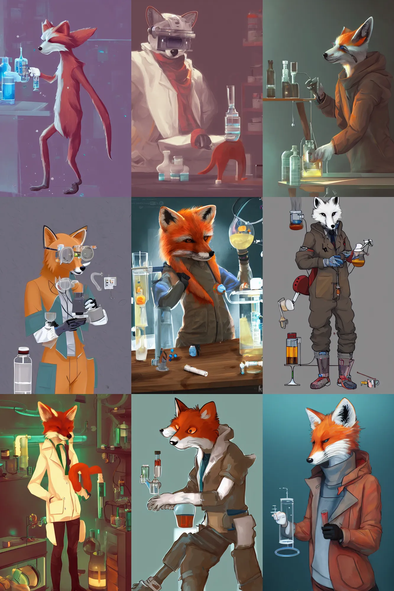 Prompt: a scientist fox fursona doing chemical experiments in his labor trending on artstation by kawacy furry art digital art cyberpunk high quality