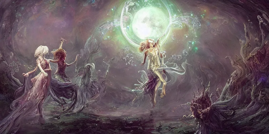 Image similar to concept art of translucent glowing fairies dancing, lovecraftian, renaissance, melting, round moon, rich clouds, fighting the horrors of the unknown, very detailed, volumetric light, mist, fine art, decaying, textured oil over canvas, epic fantasy art, very colorful, ornate intricate scales