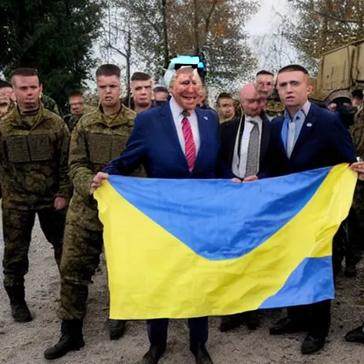 Image similar to Joe Biden is with the azov battalion in Ukraine War holding a ukrainian flag