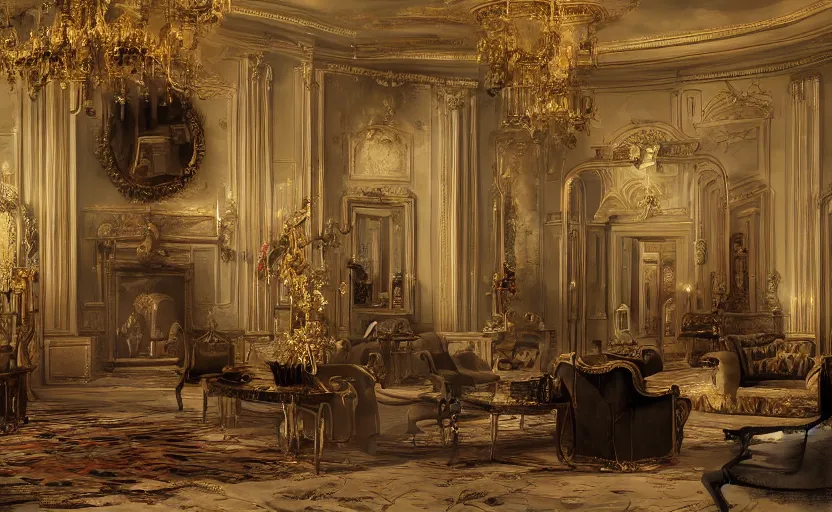 Image similar to realist rococo painting of a 1 9 2 0 s party in a beautiful mansion grand foyer, many partygoers, strong contrast, unreal engine, hyper realism, realistic shading, cinematic composition, realistic render, octane render, detailed textures, photorealistic, ultrawide shot, 3 5 mm film