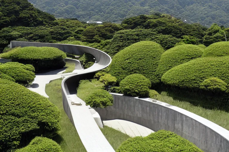 Prompt: The Oval at Benesse Art Museum Naoshima, Japan, built by Tadao Ando, curved brutalist architecture, small pond in the center, overgrown with grass and flowers