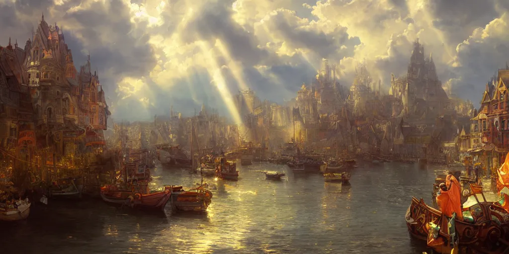 Prompt: beautiful seventeenth century harbour city, vivid colors, gorgeous clouds, god rays, digital art, landscape, fantasy art, octane render, ureal engine, high detail, very realistic, by artgerm and greg rutkowski and alphonse mucha and loish and wlop