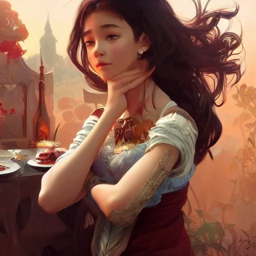 Image similar to a dinner date with the girl next door, slice of life, varying ethnicities, fantasy, elegant, highly detailed, digital painting, artstation, concept art, matte, sharp focus, illustration, hearthstone, art by Artgerm and Greg Rutkowski and Alphonse Mucha