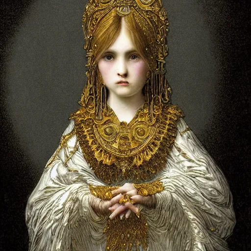 Image similar to a beautiful girl made of ivory and gold, highly intricate, digital art, very detailed, in the style of a weird and dark art noveau flemish painting, by gustave doré