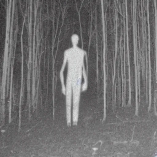 Image similar to a smudged, scratched, grainy and blurry photograph showing the whole body of a slender man dynamically and frenetically moving in a dark room. his dance is wild and unpredictable. in the creepy woods, night time, flash lights.