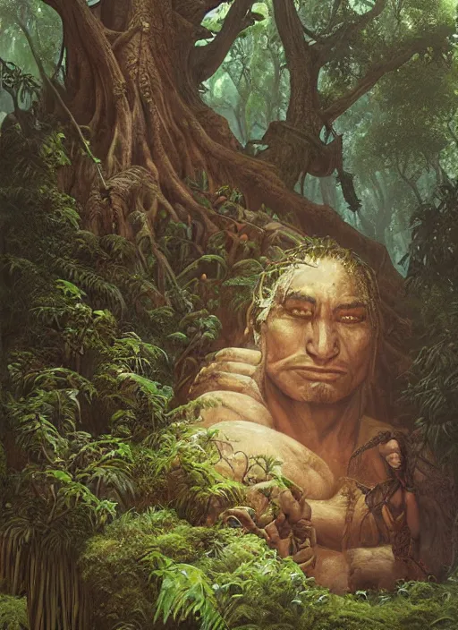 Image similar to a shaman sitting in the jungle, with giant face of an ancestor in a tree behind him, hyper detailed, art by christophe vacher