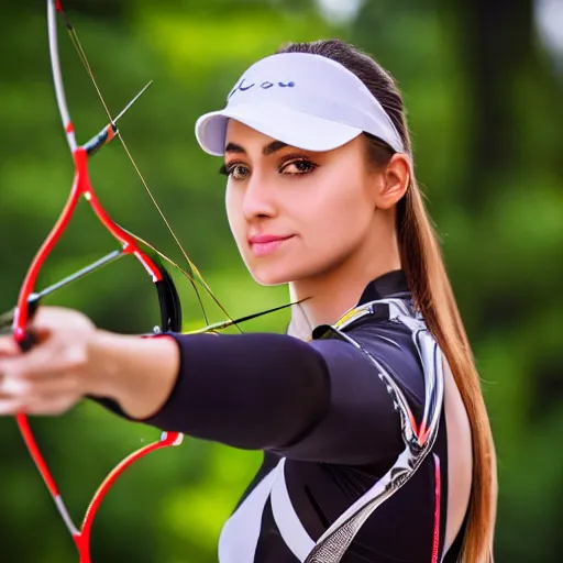 Image similar to photo realistic, consistent and highly detailed face, a attractive sports woman in archery, pointing his bow, uhd 8 k, highly detailed, sigma 8 5 mm f / 1. 4