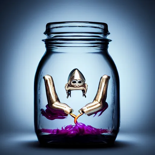 Prompt: Evil monster in a jar, product photography, centered, studio lightning