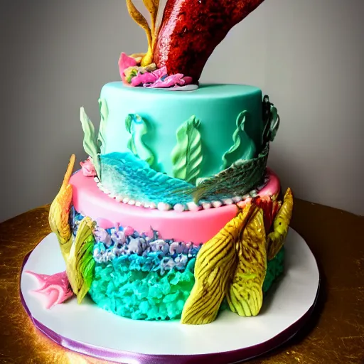 Image similar to mermaid themed birthday cake, food photography, made of meat,