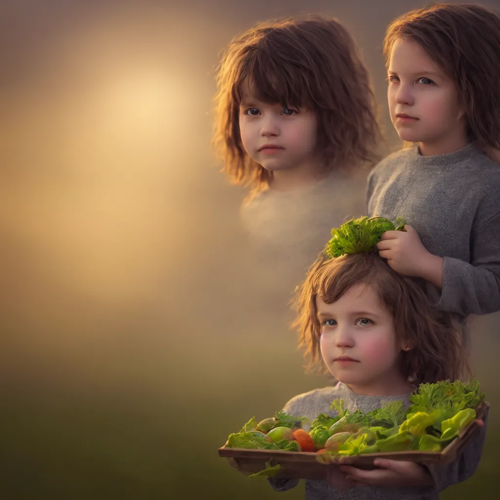 Image similar to Beautiful aesthetically pleasing single female child portrait, centered portrait, Confident holding vegetables, lush farm lands, fog, volumetric lighting beautiful, golden hour, sharp focus, ultra detailed, conceptartworld, Dr Zeuscomic art