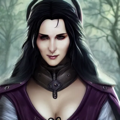 Image similar to yennefer as a medieval fantasy tolkien elf, dark purplish hair tucked behind ears, wearing leather with a fur lined collar, wide face, muscular build, scar across the nose, cinematic, character art, real life, 8 k, detailed.